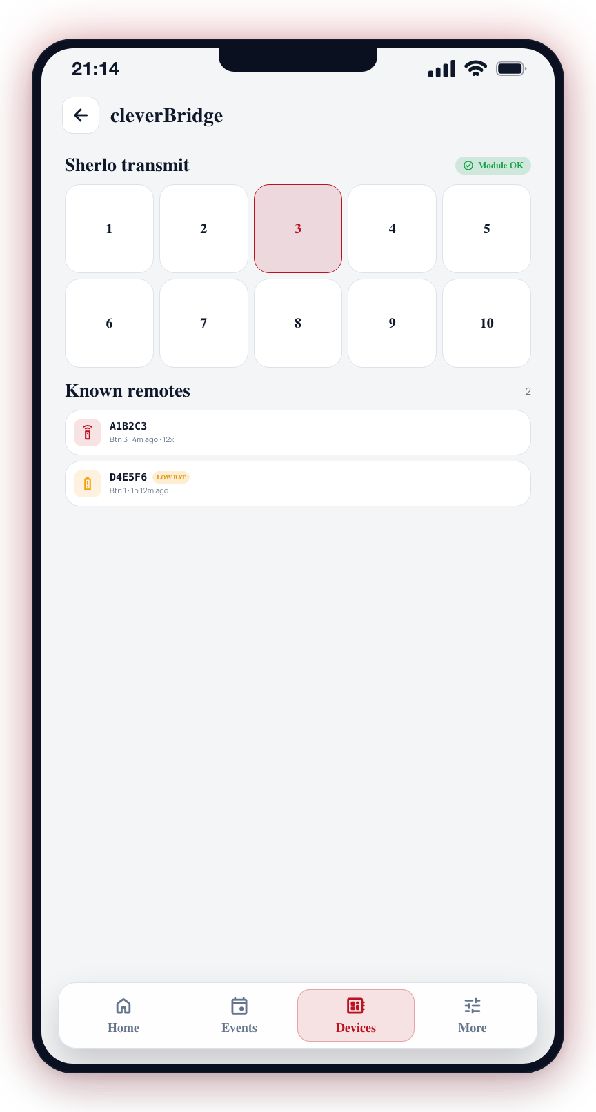 Tap a numbered button to transmit a Sherlo code; known remotes list each serial, last button, and low-battery state.