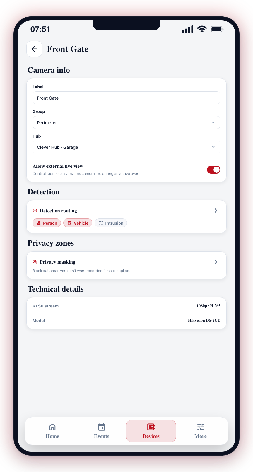 The camera details screen: label, group, hub, detection routing, and privacy zones.