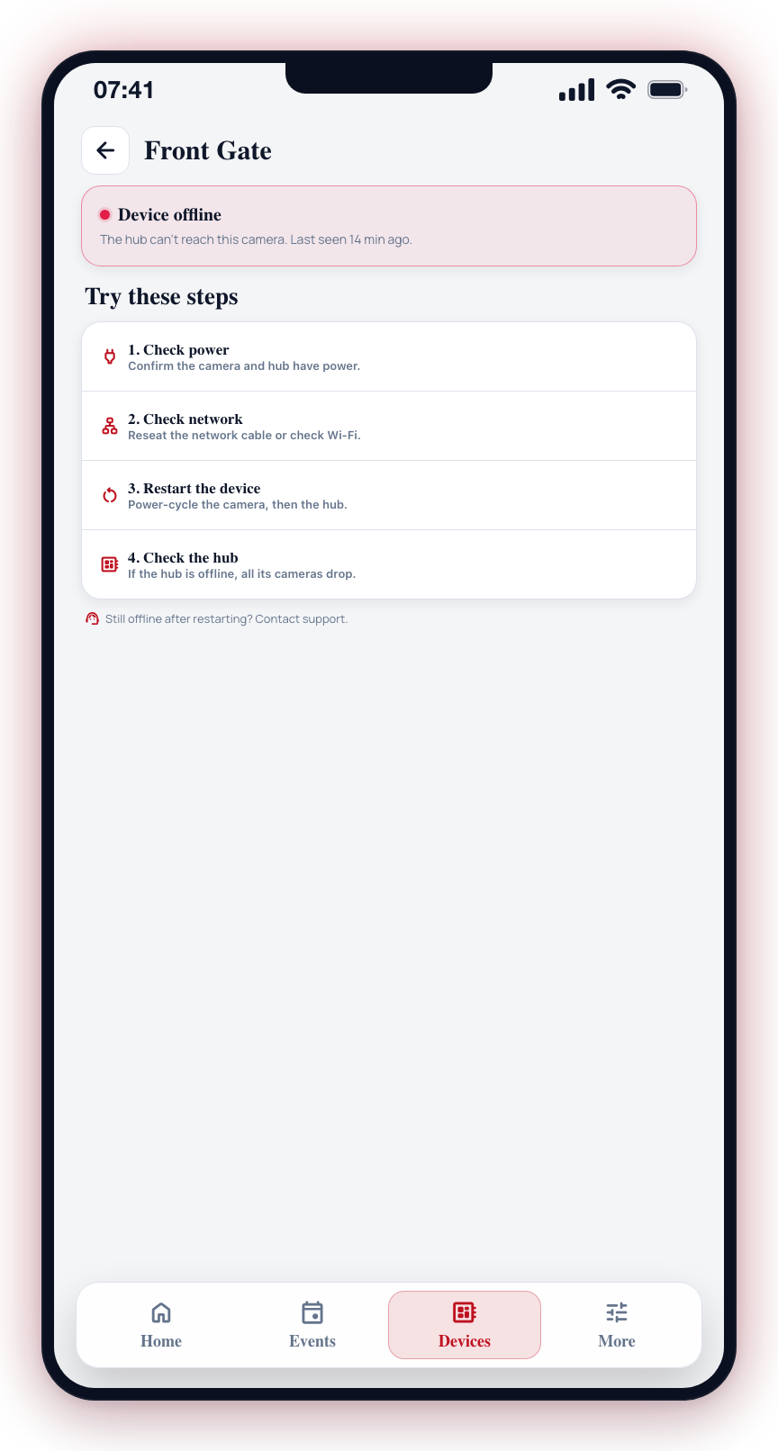 When a camera reads Device offline, work through the troubleshooting steps from the top.