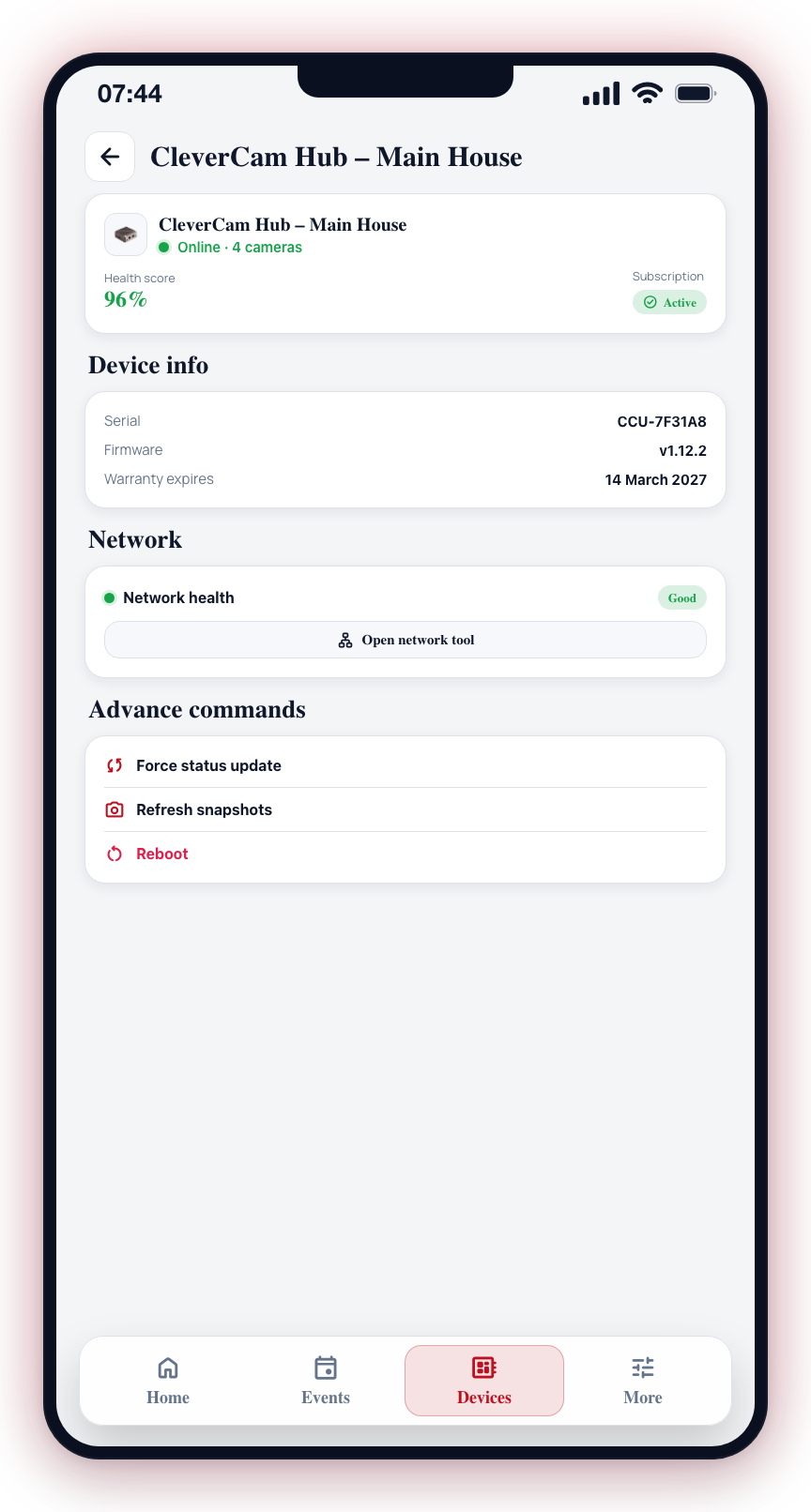 The hub details screen shows firmware, health, network, and Advance commands like Reboot.
