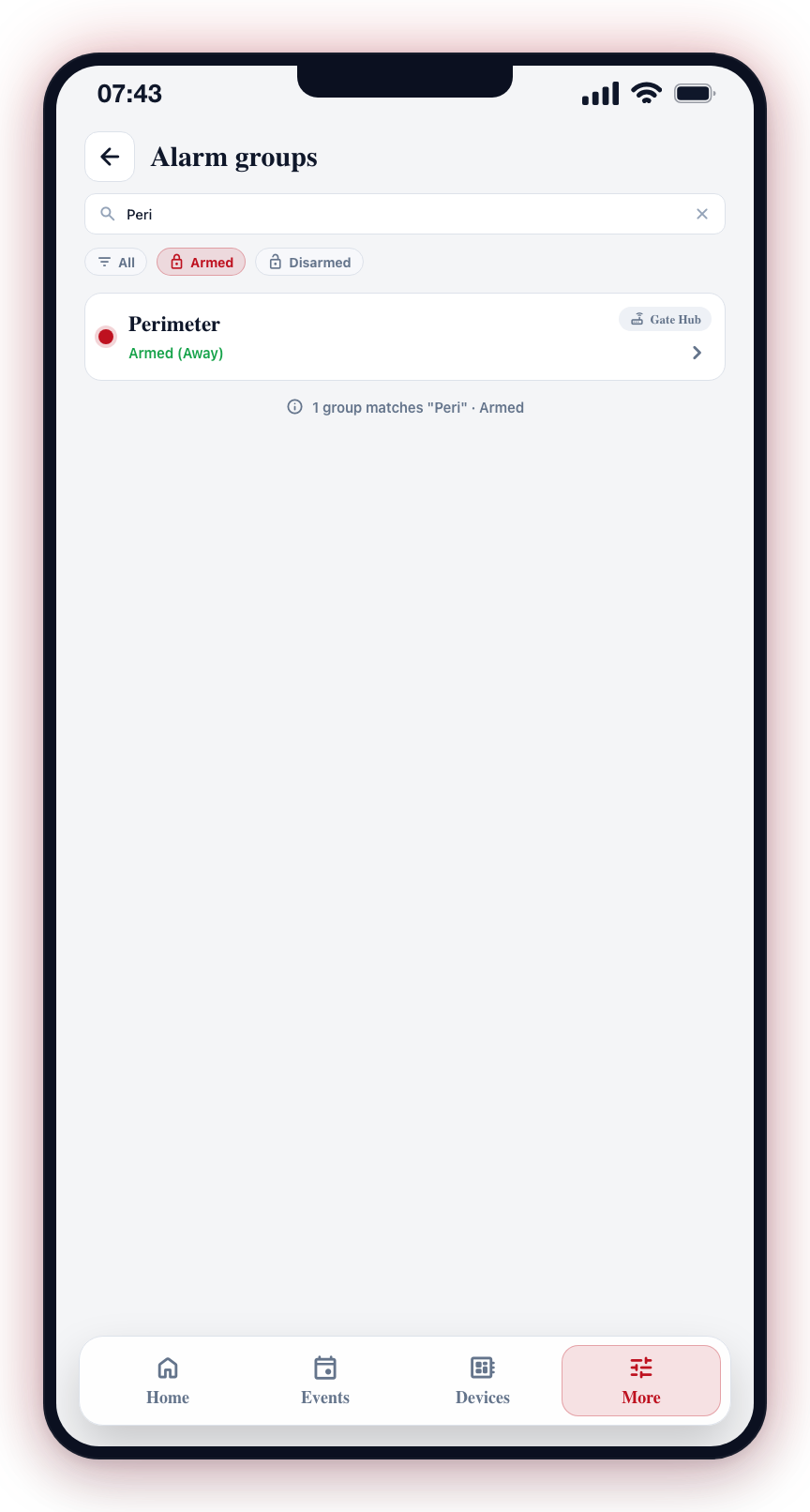 Type to search by name or hub, then tap a chip to narrow by arm state. Search and filter apply together.