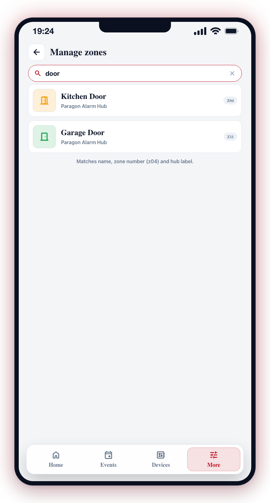 Type to filter the list by name, zone number or hub; tap the X to clear.