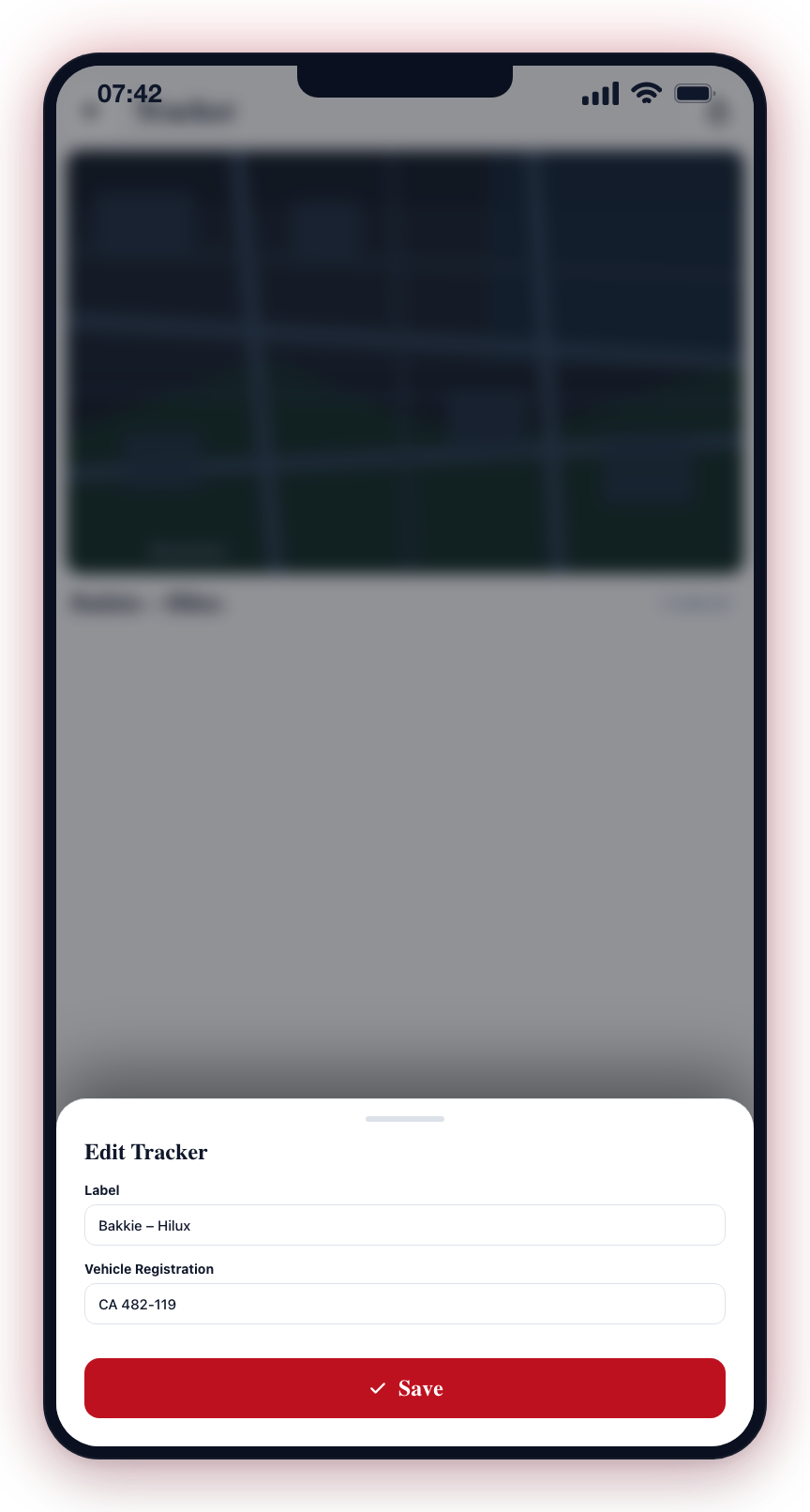 The Edit Tracker sheet — change the Label and Vehicle Registration, then tap Save.