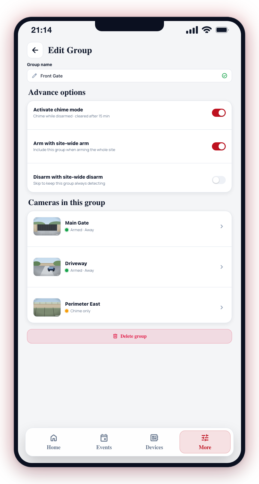 Editing a group: name, advanced options and cameras.
