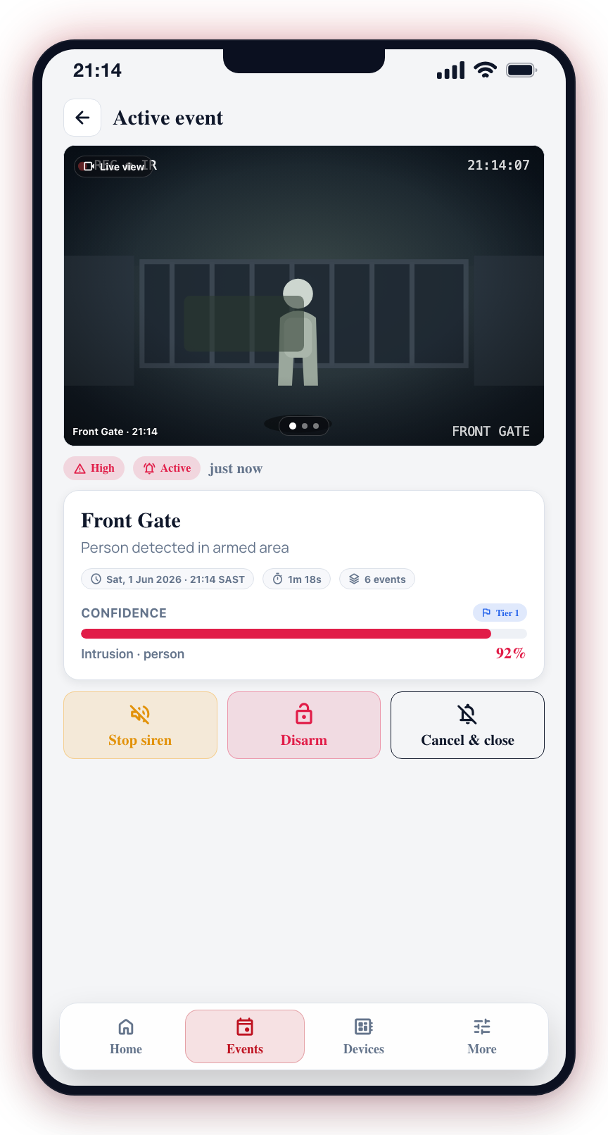 View details opens the full event screen with photos, details, and actions.