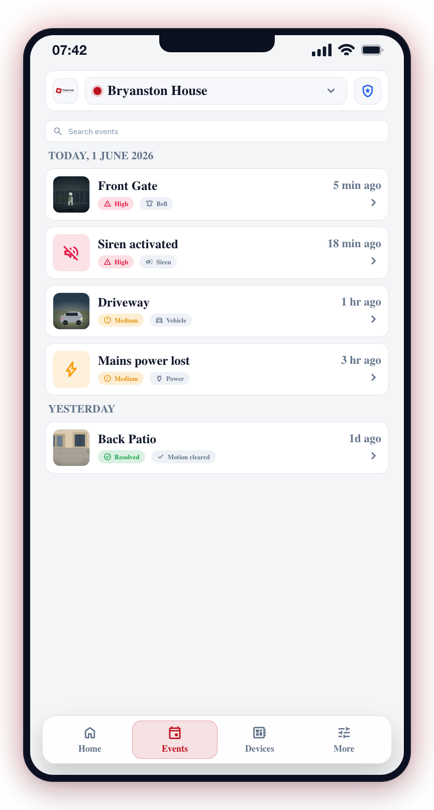 Events grouped by day, each card showing camera, type, time and thumbnail.