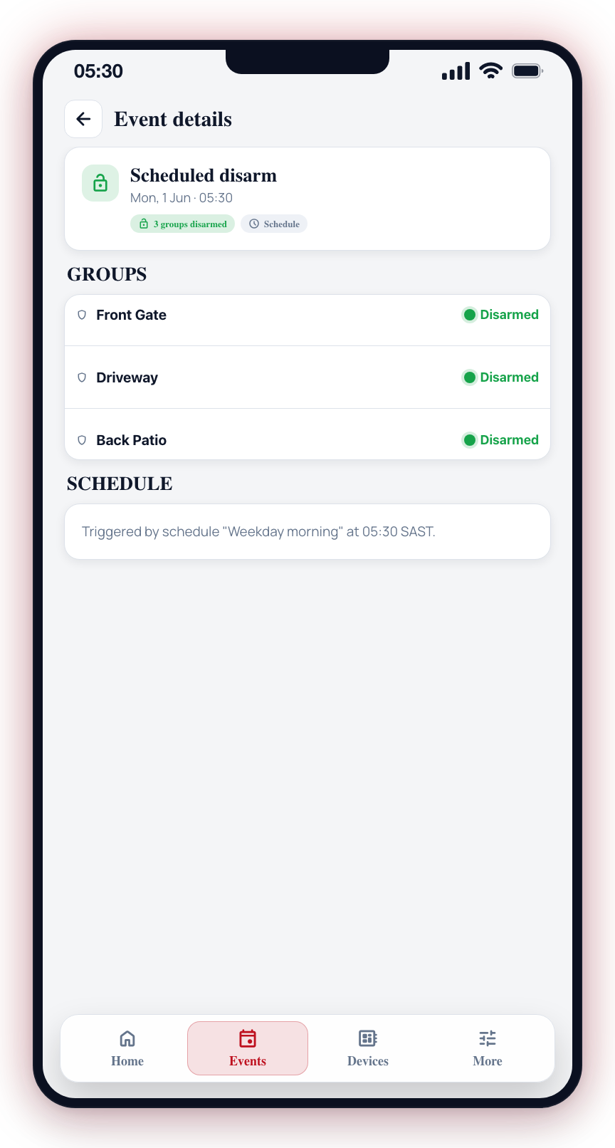The arm/disarm detail screen: a lock/unlock header, summary and source pill, and the per-group status breakdown.