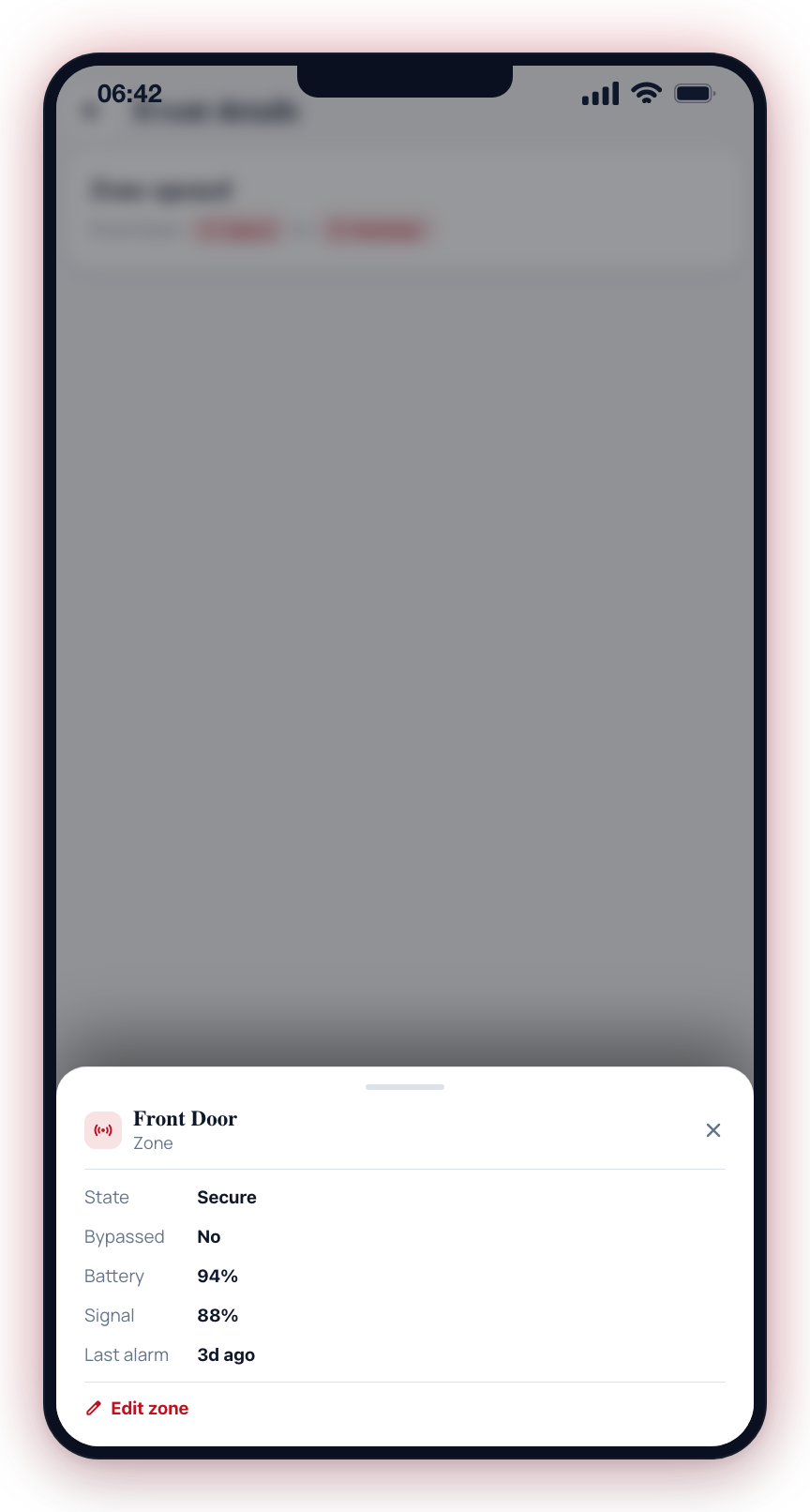 Tap an entity chip to open a read-only quick-detail panel — here a zone's state, bypass, battery and signal.