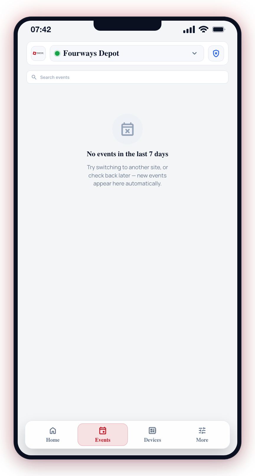The empty state when the selected site has no events in the last 7 days.