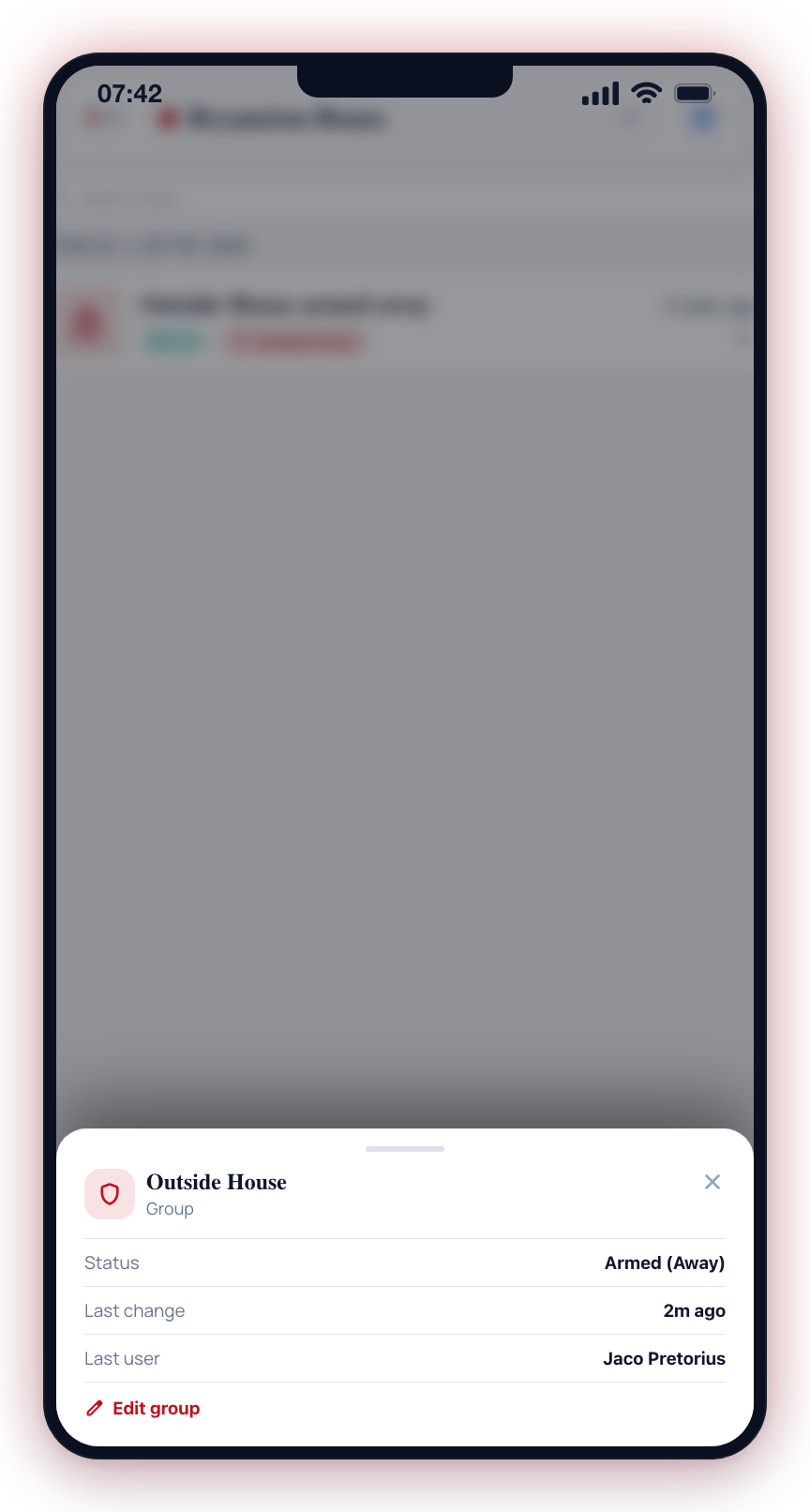 Tapping a chip opens a quick-detail panel — here the group's arm state and last user.