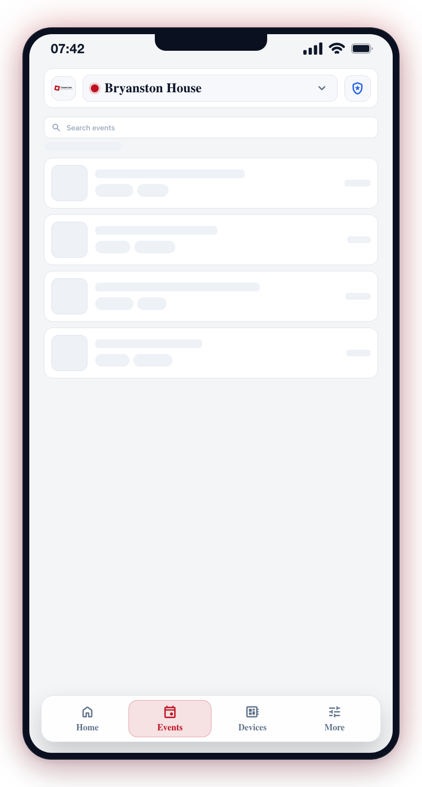 Skeleton placeholder cards mirror the real card shape while events load.