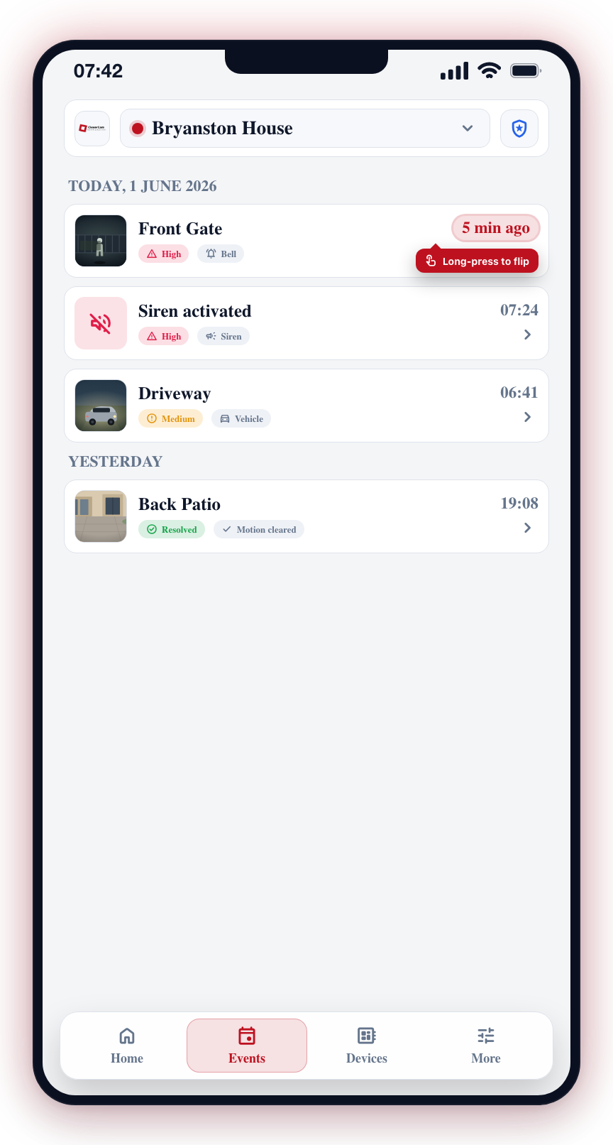 Long-press a card's timestamp to flip it from the clock time to a relative form like '5 min ago'.