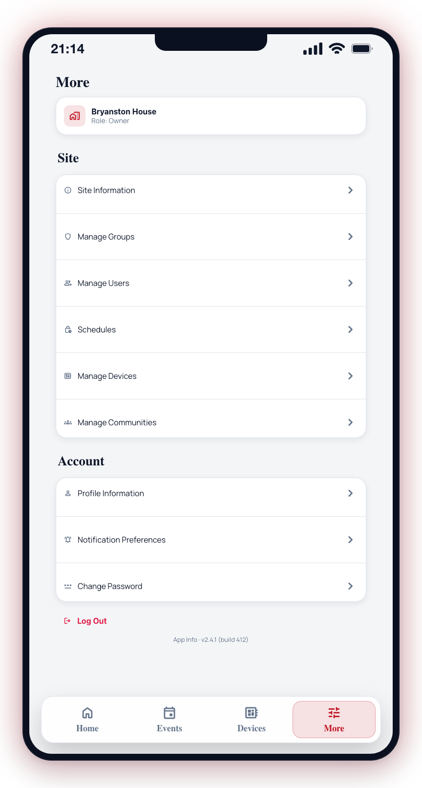 The More tab groups site and account settings, with App Info and Log Out at the bottom.