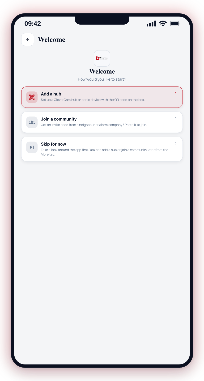 First-run welcome screen: choose Add a hub to set up a new site.