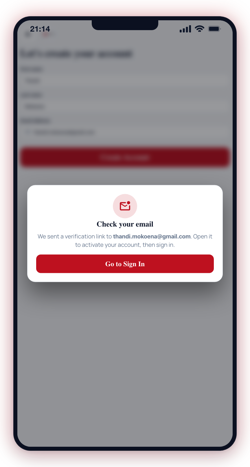 After you tap Create Account, a Check your email dialog confirms where the verification link was sent.