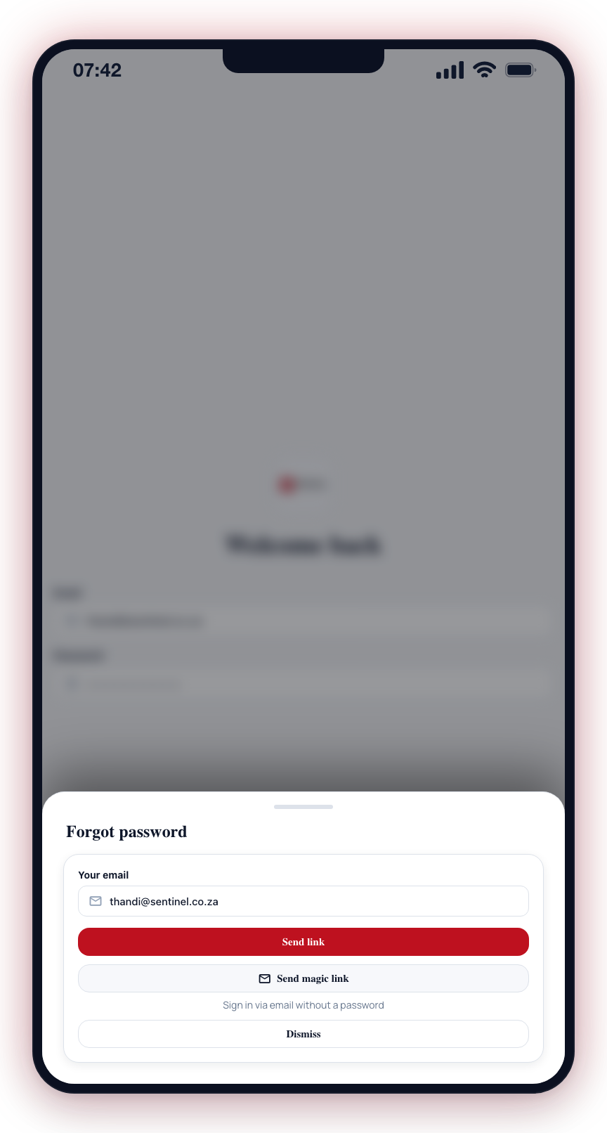The Forgot password sheet: enter your email and tap Send link, or use Send magic link to sign in without a password.
