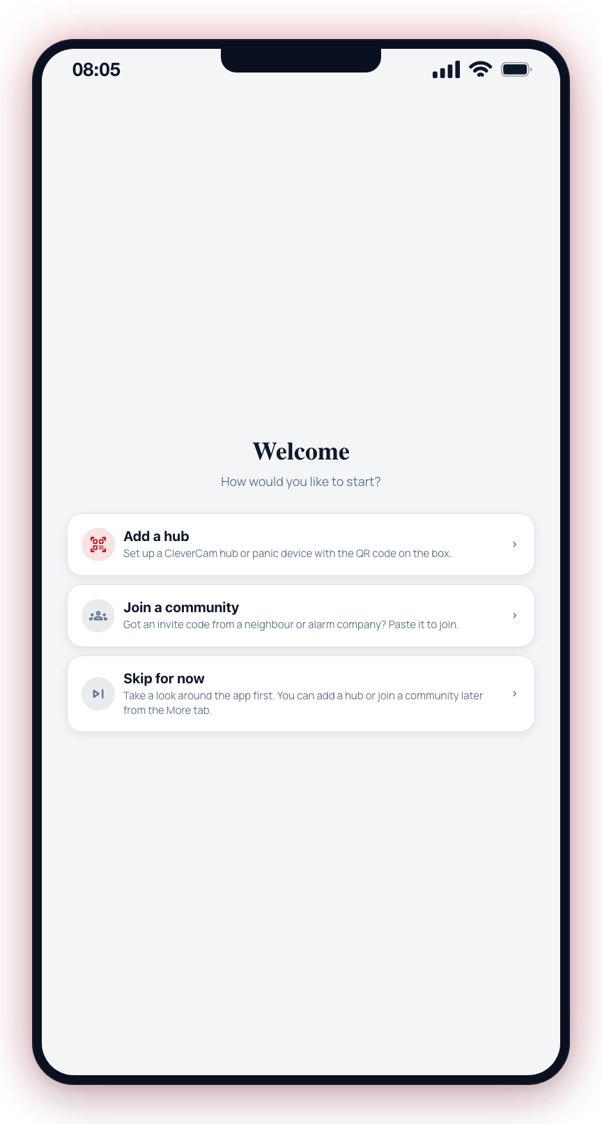 The welcome screen shown when you have no sites or communities yet: Add a hub, Join a community, or Skip for now.