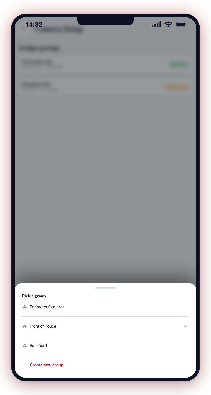 Tap a camera's group selector to open the picker, then tap Create new group at the bottom.