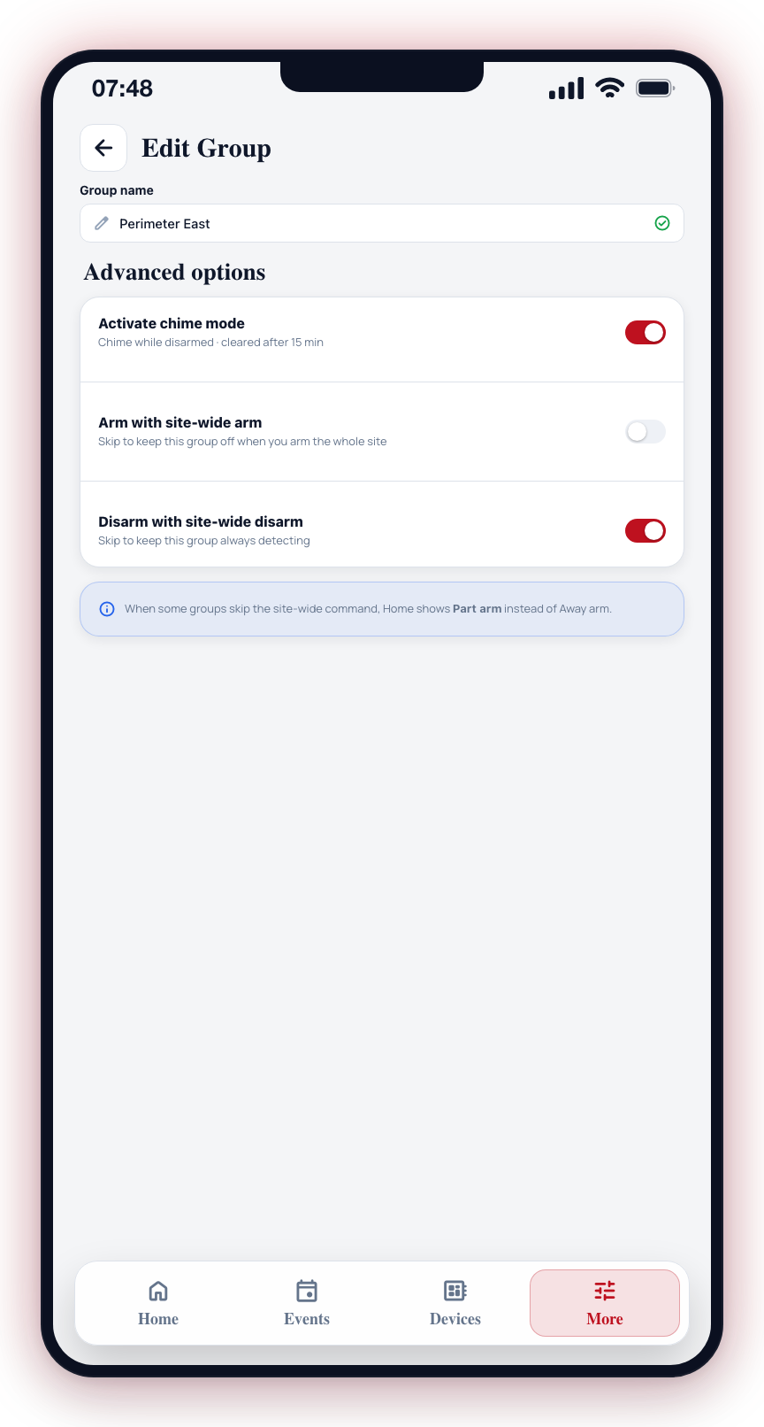 Advanced options: chime mode, and whether the group follows site-wide arm and disarm. Each toggle saves immediately.