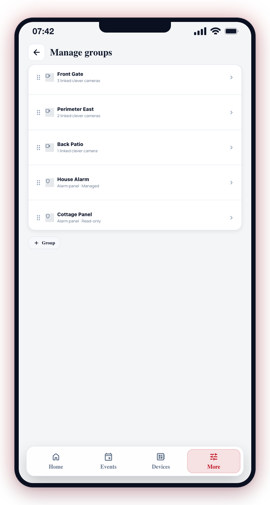 Manage Groups lists every group with its type icon and description. Tap a row to edit it; drag the handle to reorder.