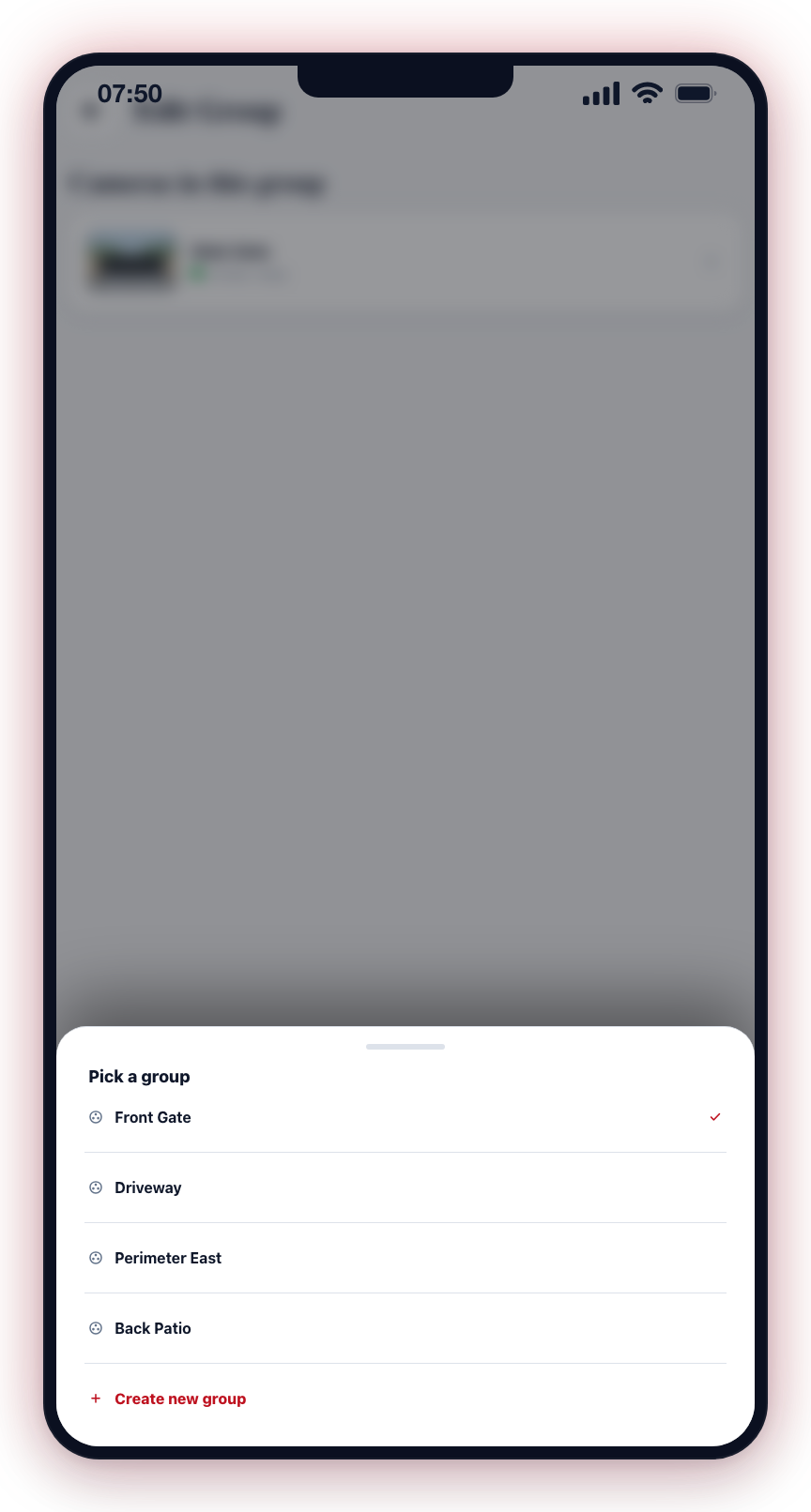 Tapping a camera opens the Pick a group sheet — choose any other group at the site, or create a new one.