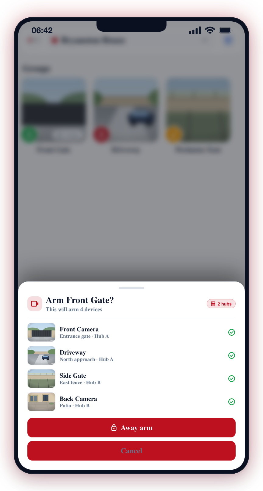Each group shows its arm state — a disarmed group (open padlock) will not generate alert notifications.