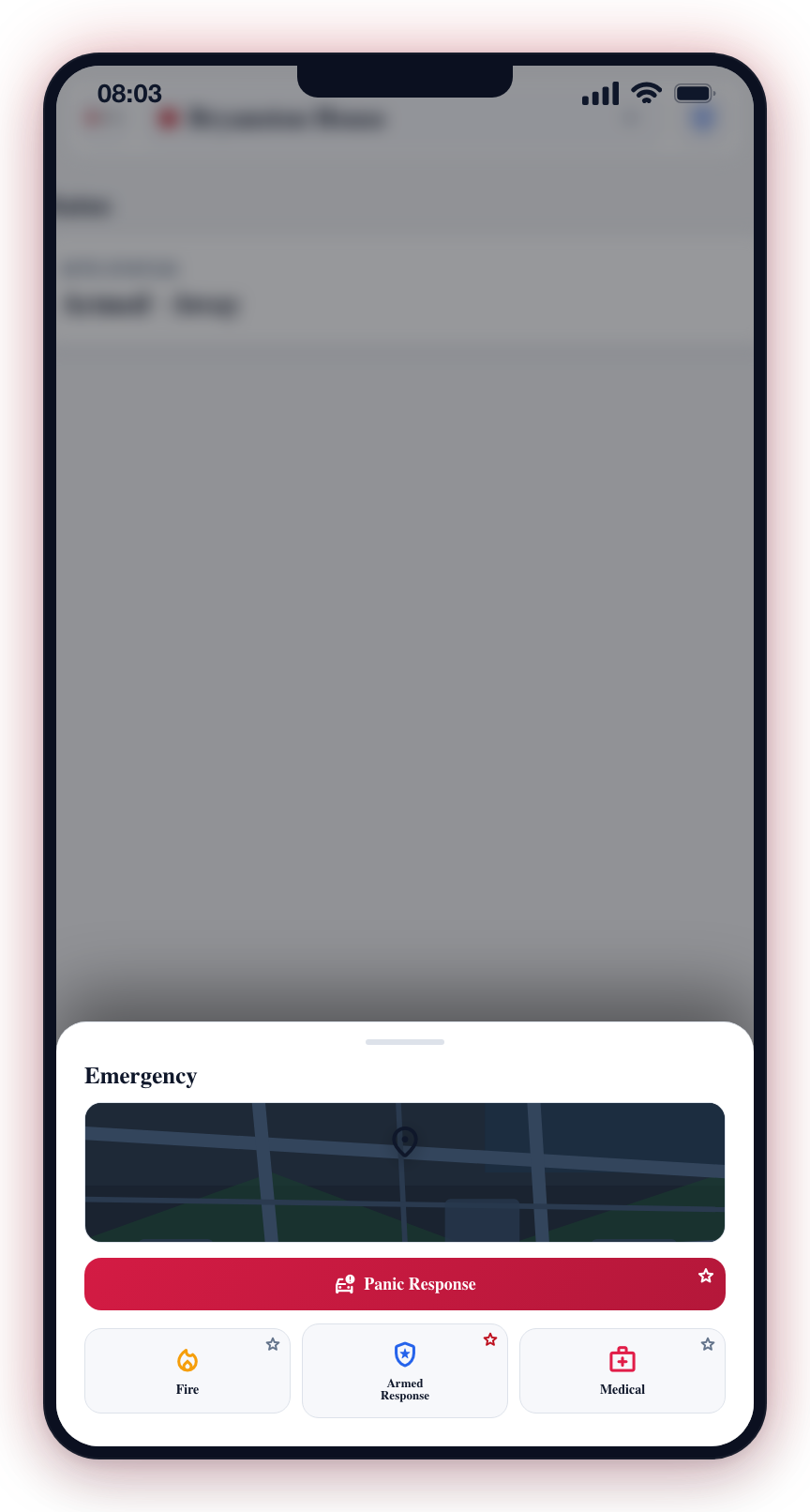 In the Emergency panel, tap the star on Panic Response, Fire, Armed Response, or Medical to add it to Home.