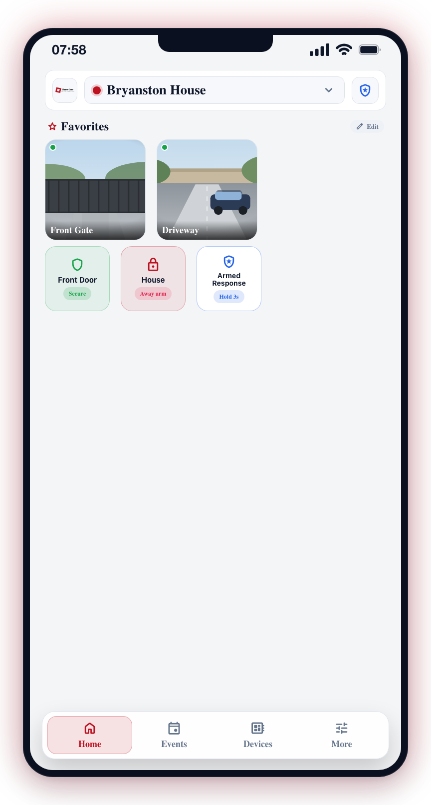 The Favorites grid: large camera tiles plus compact zone, alarm-area, and emergency tiles.