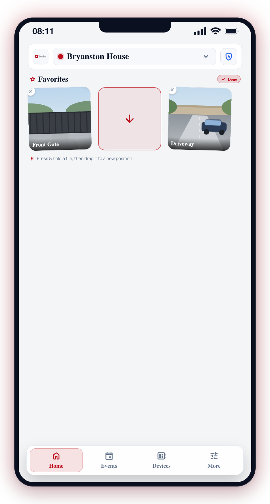 Reorder mode: tiles wiggle, a dashed slot marks the drop position, and Done exits.