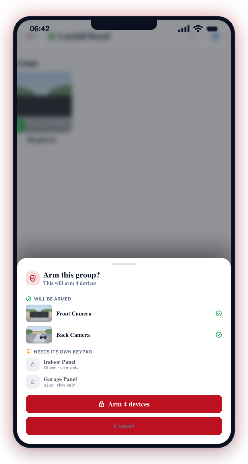 The scope dialog separates devices that will be armed from view-only panels that need their own keypad.