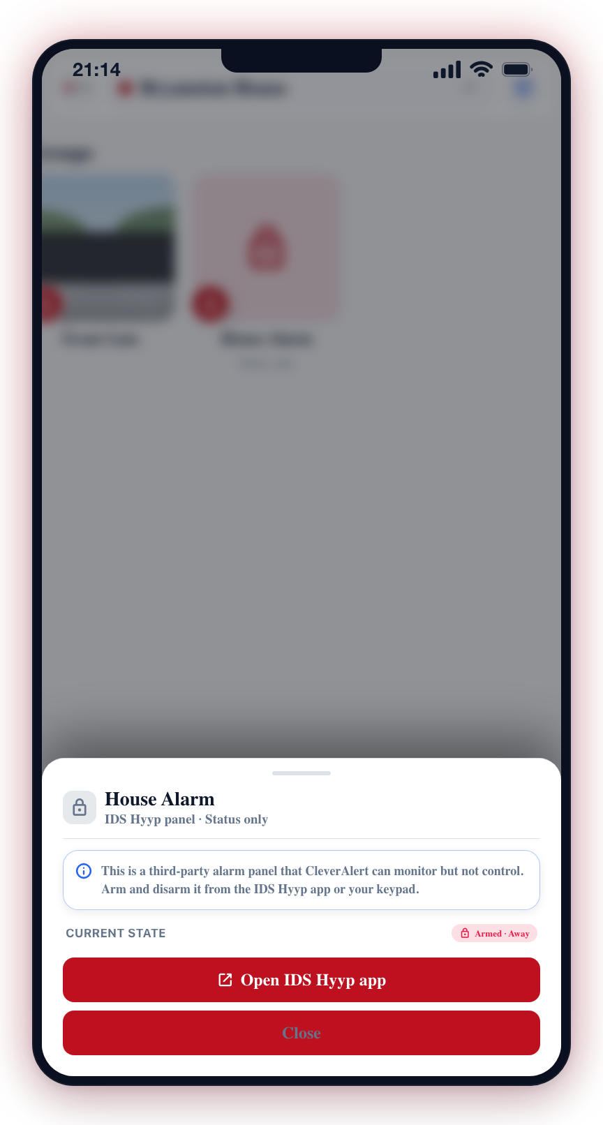 A view-only (lock badge) group opens a read-only panel with an Open [Brand] app button instead of arm controls.