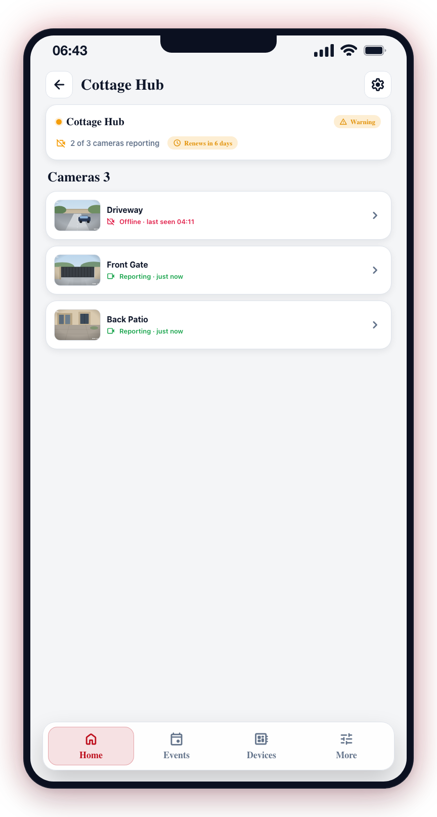 Tap a warning card to open the hub and see which camera stopped reporting.