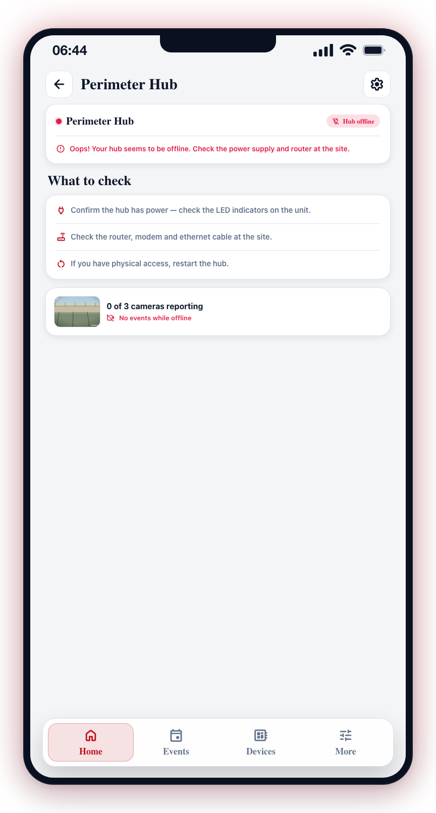 A red card opens the offline hub with power and connection checks to run.