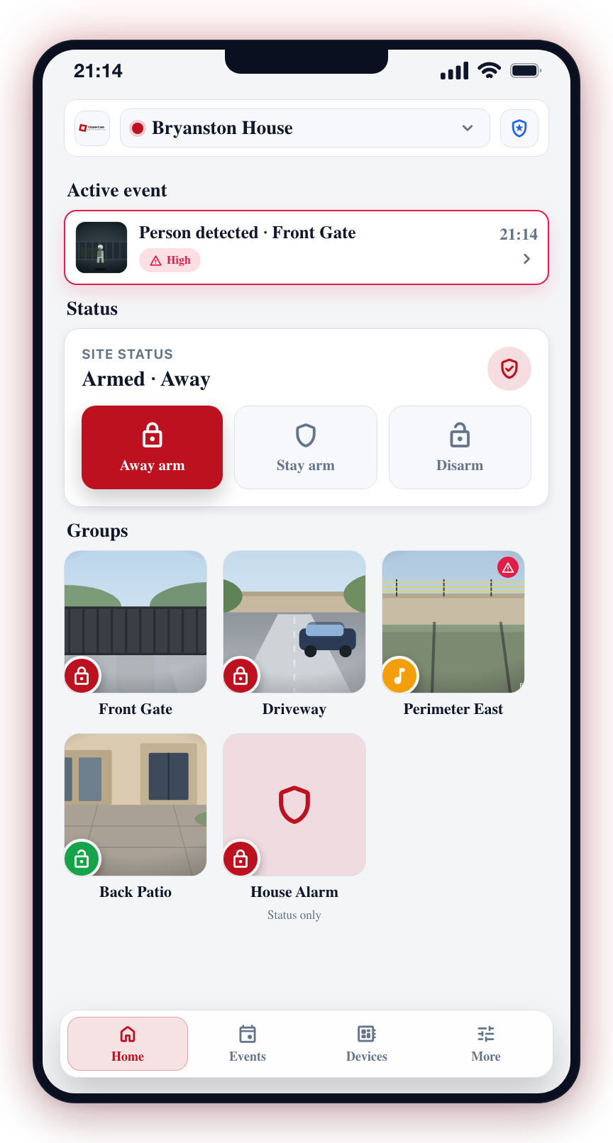 The Home dashboard: site status, groups, and active events.