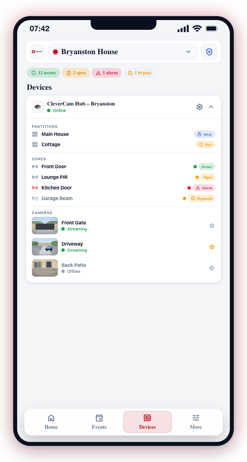 Open a hub card under Devices to reach its restart and status controls.