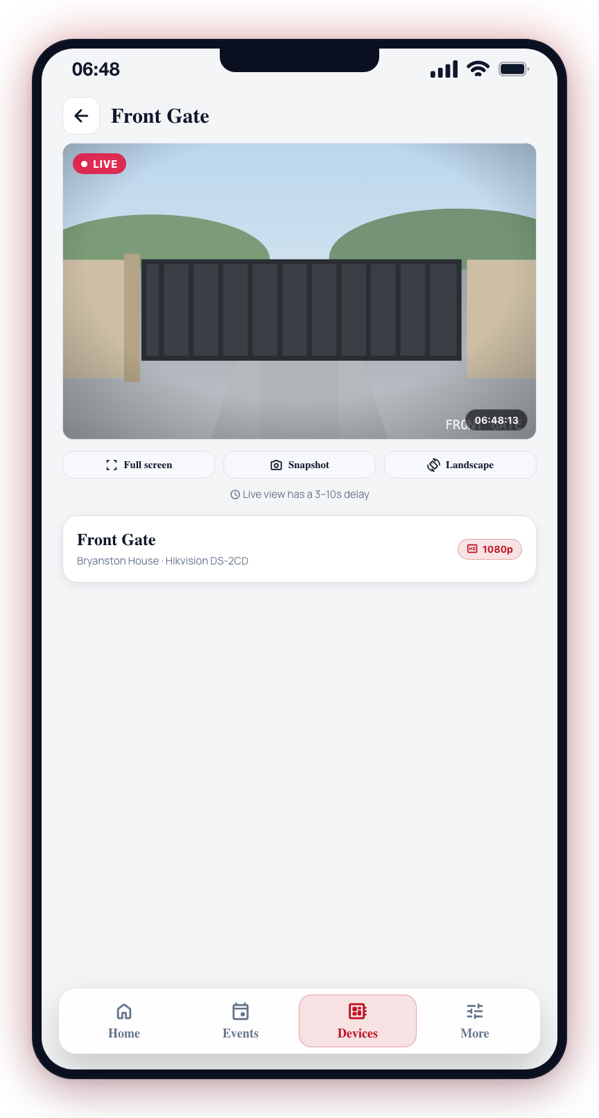 Tap a camera tile to open its camera sheet, then tap the preview to watch it live.