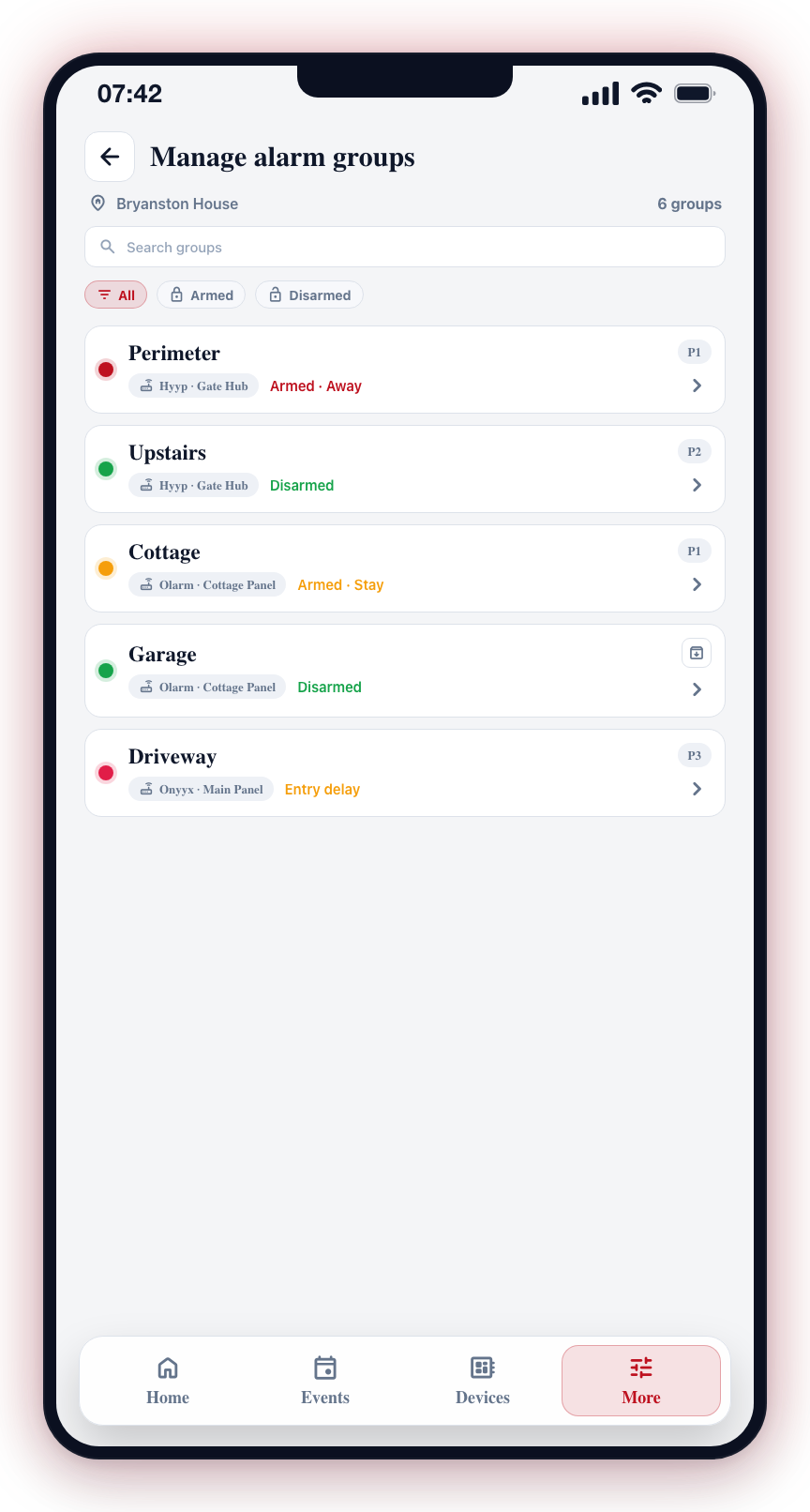 Managing alarm groups and areas.