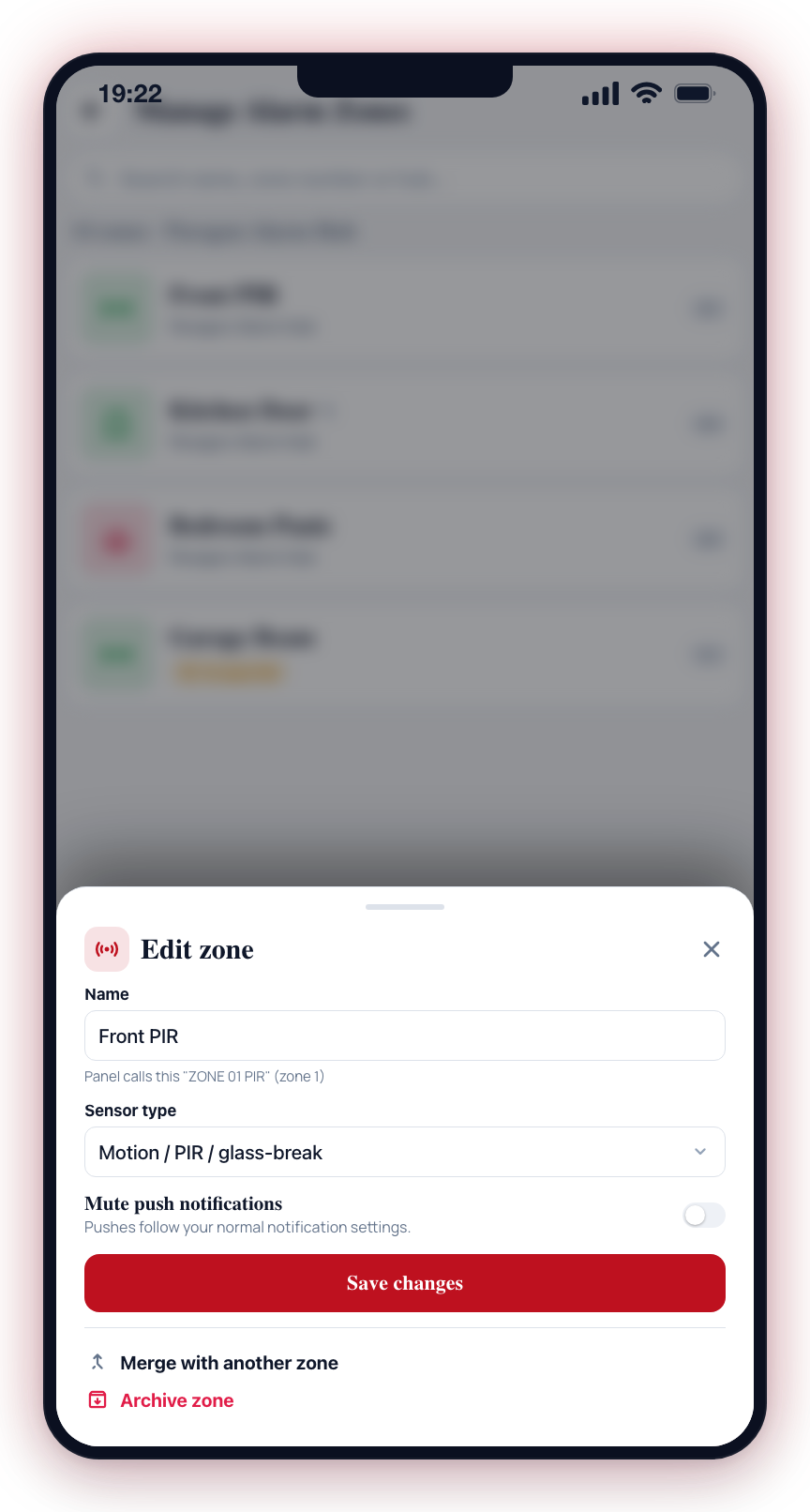 Open Edit zone and toggle Mute push notifications to silence just that zone on your phone.