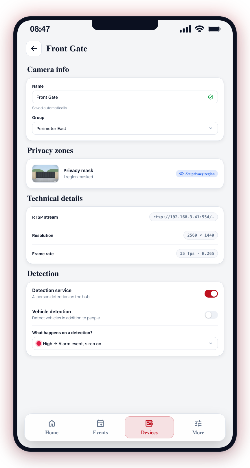 Camera settings: name, group, privacy mask and detection.