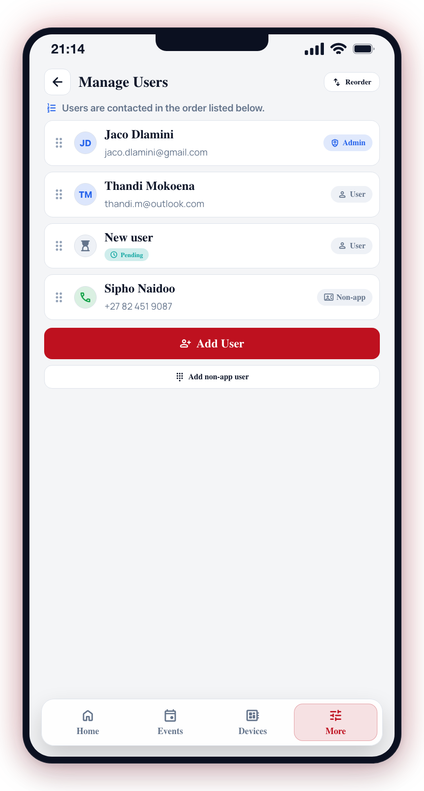 Add and reorder people from More → My site → Manage Users.
