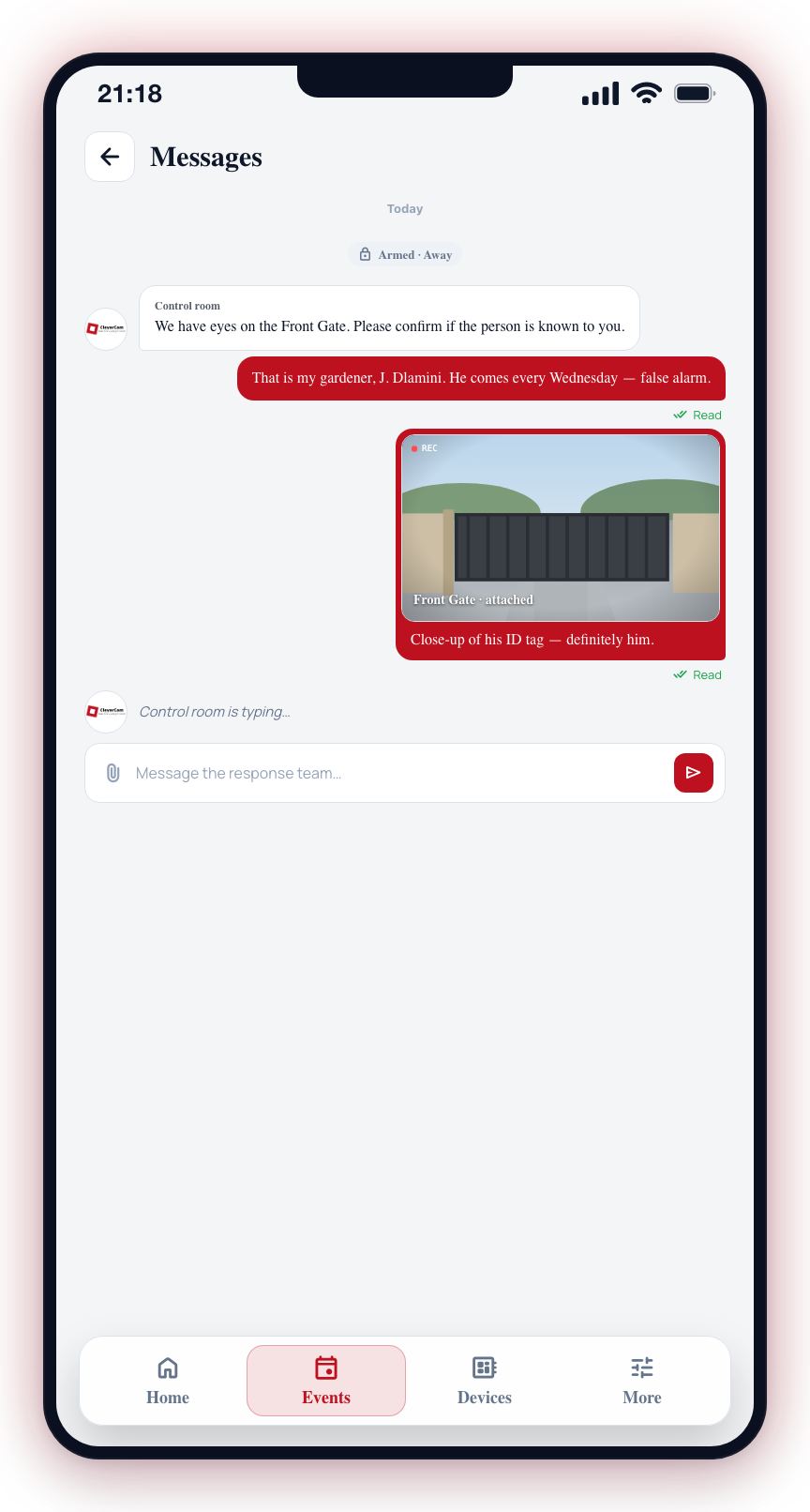 Messaging the response team on an event.