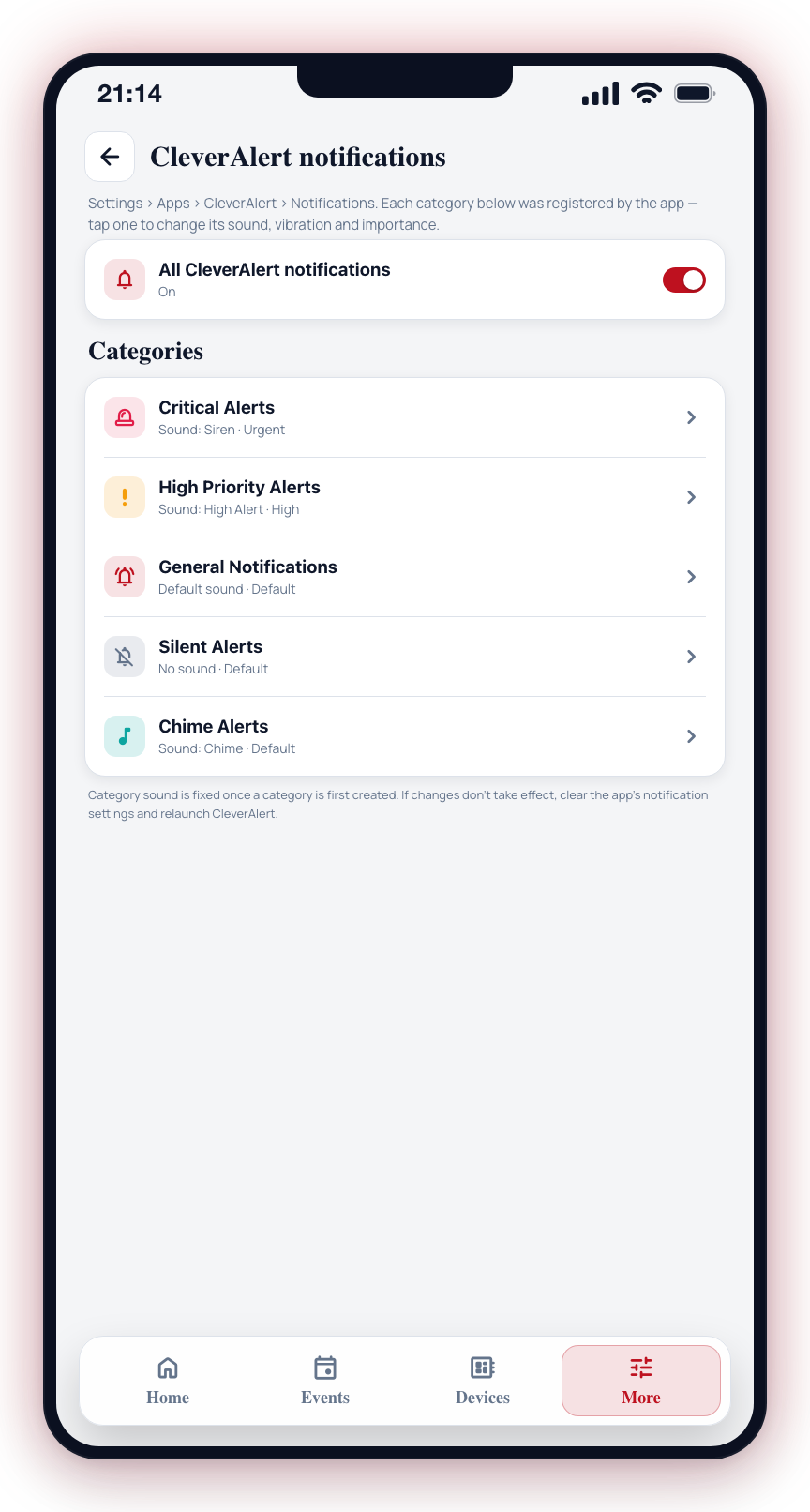 Android's system notification screen lists each CleverAlert category — tap one to change its sound, vibration, or importance.