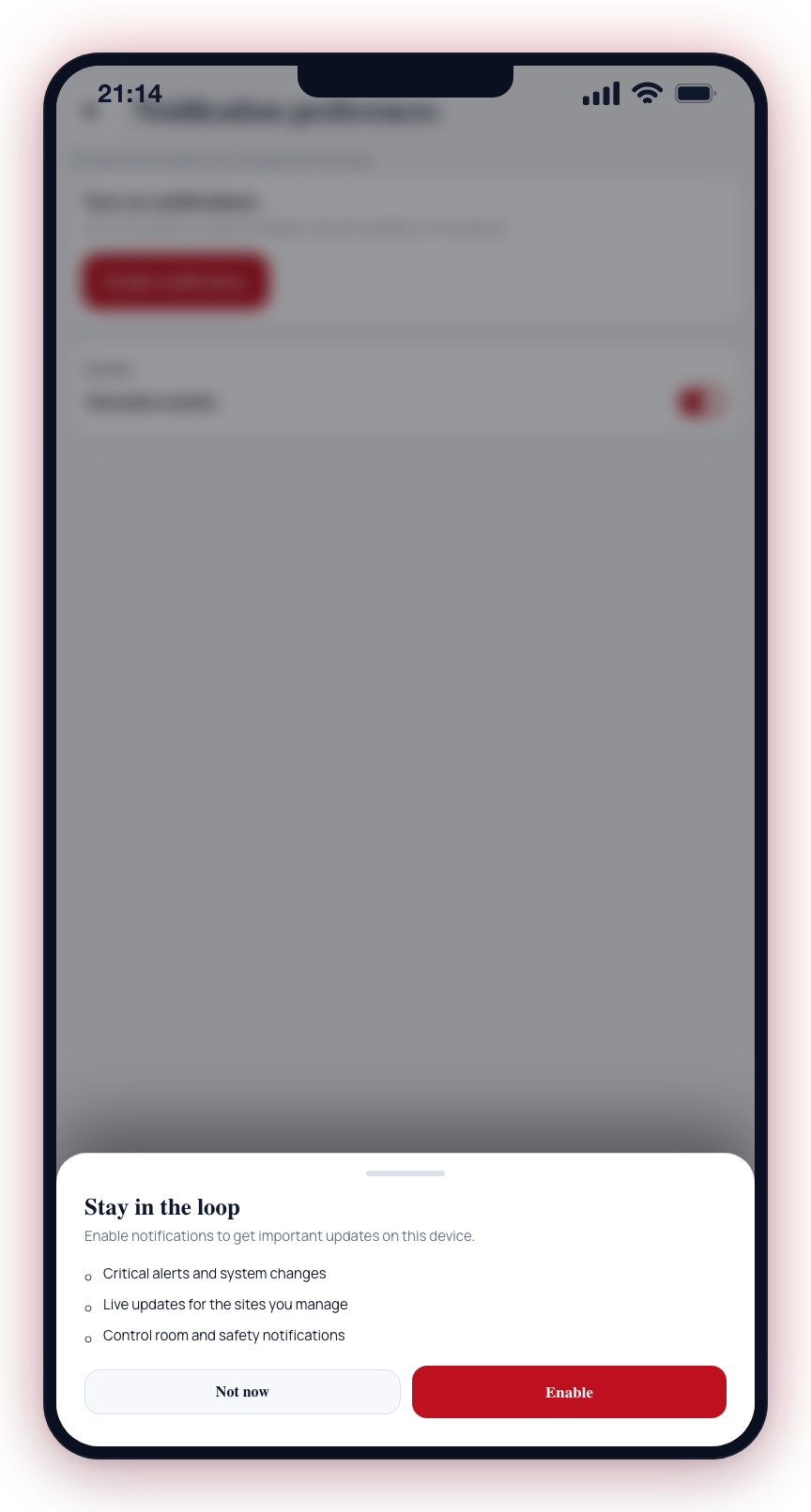 Tap Enable notifications to open the Stay in the loop sheet, then grant the device permission.