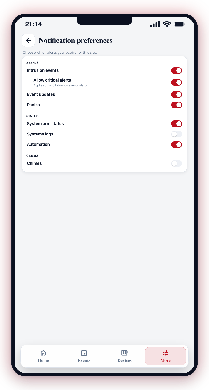 Notification Preferences: independent toggles grouped into Events, System, and Chimes — with Allow critical alerts nested under Intrusion events.