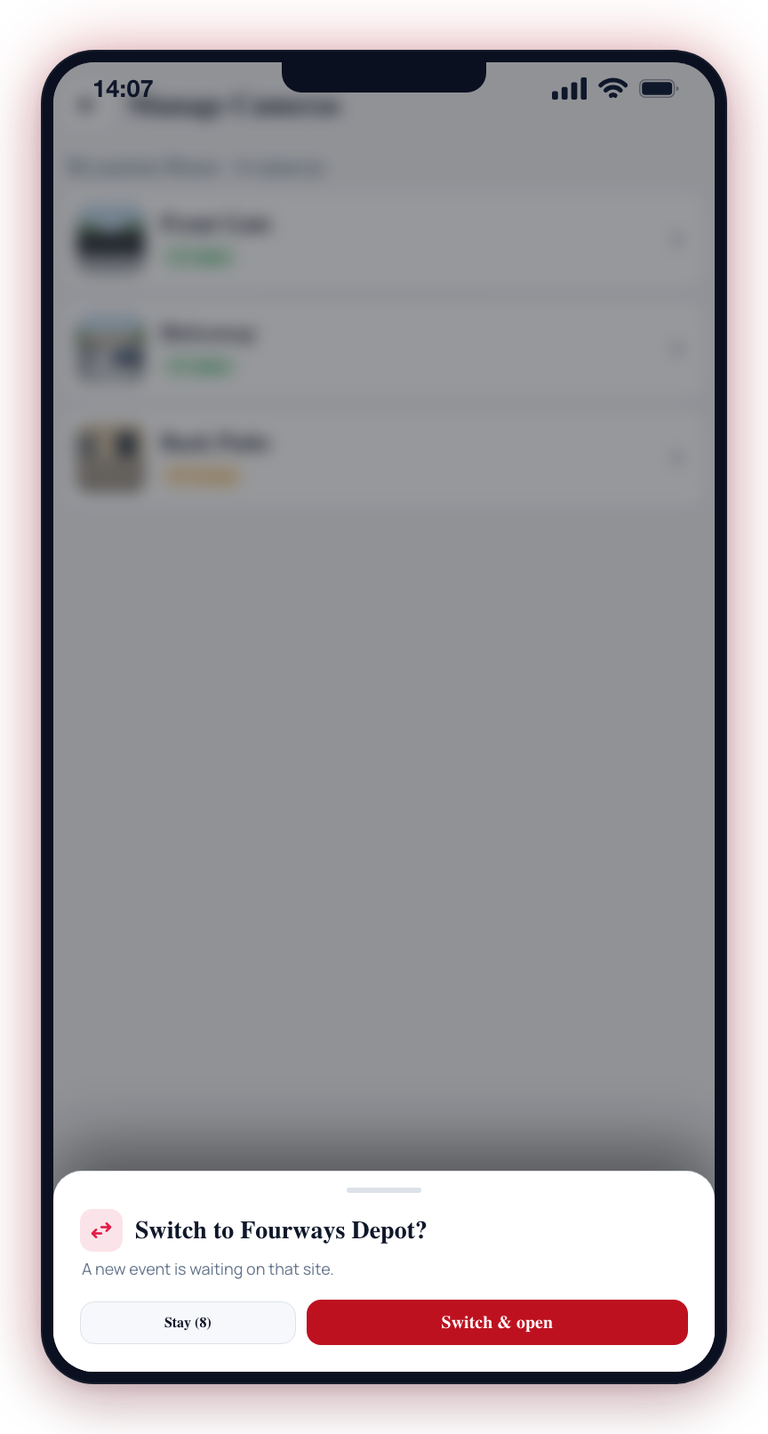 Tapping a notification for another site while mid-task prompts you: Stay, or Switch & open (auto-dismisses in 10s).