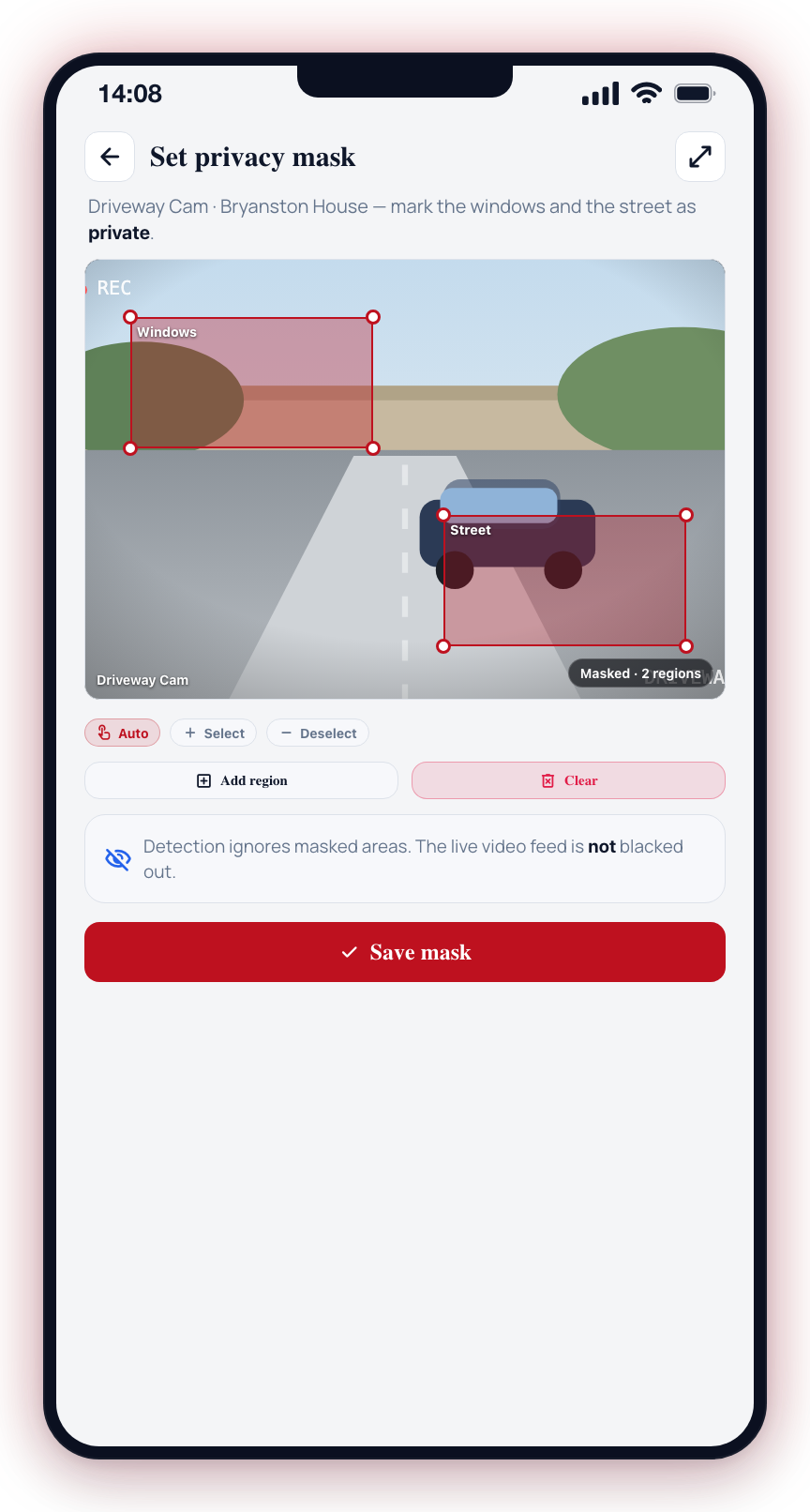 Set privacy region opens the full-screen mask editor — masked areas are ignored by detection.