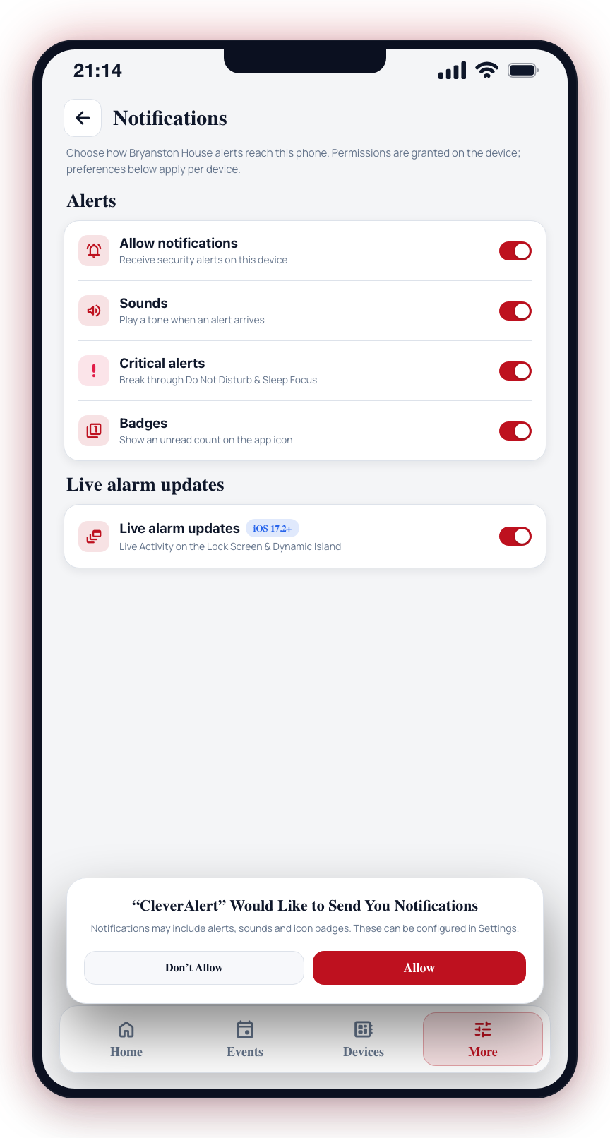 Notification preferences: More → Account → Notification Preferences. Toggle categories and Critical alerts per device.
