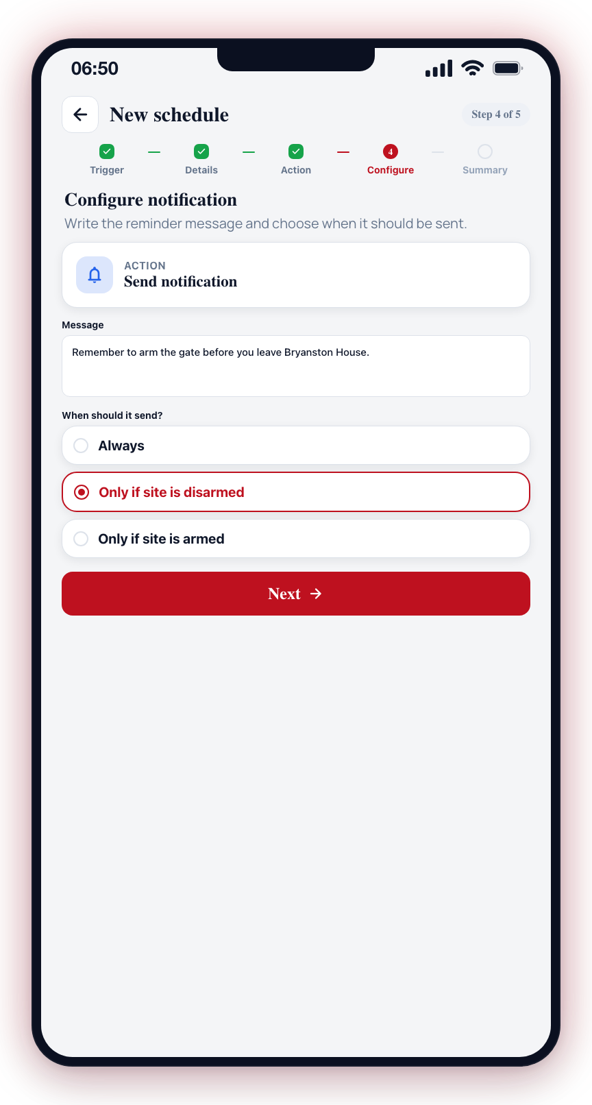 Step 4 (Configure): for a notification, write the message and choose its condition (Always, only when disarmed, or only when armed).
