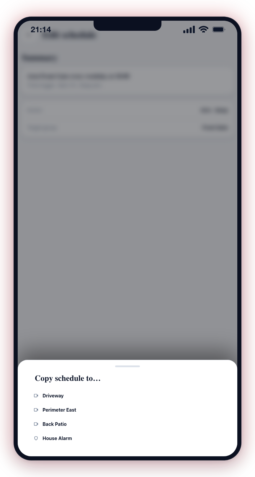 The 'Copy schedule to…' panel lists the other groups at this site — tap one to clone the schedule onto it.