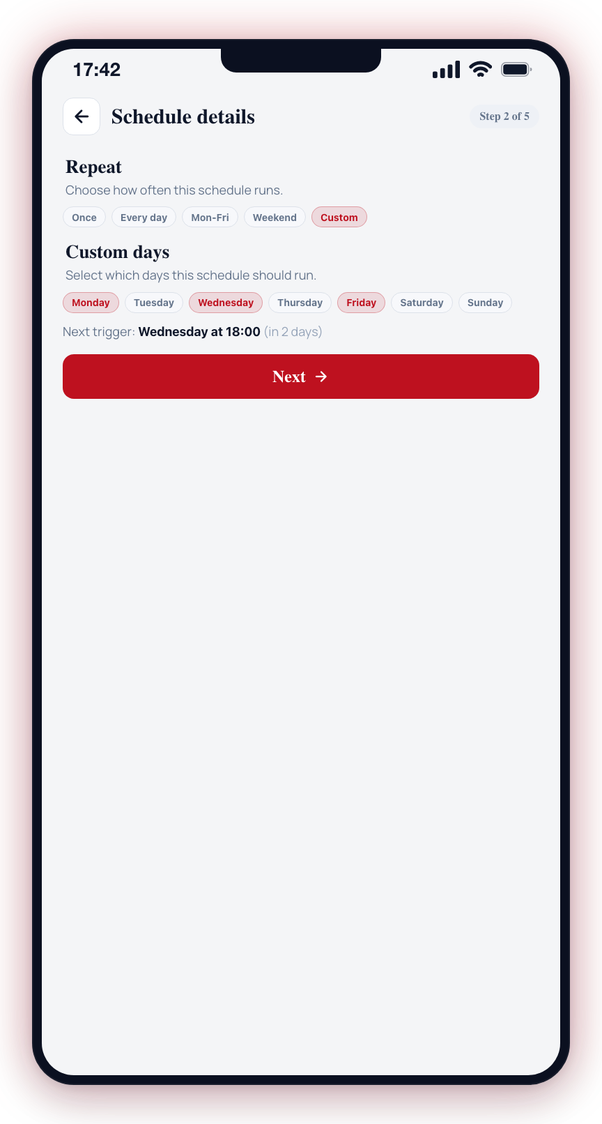 Selecting Custom reveals the Custom days toggles -- tap each weekday the schedule should run on.